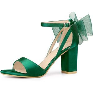 Women's Mesh Bow Ankle Strap Open Toe Chunky Heel Sandals Dark Green